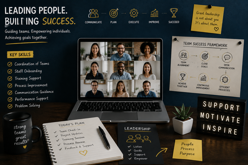 Dark-themed remote team leadership workspace featuring a laptop with virtual team meetings, collaboration diagrams, leadership planning notes, workflow frameworks, and motivational office elements representing staff onboarding, communication support, team coordination, and process improvement.