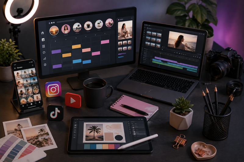Dark modern creative studio workspace featuring social media scheduling screens, video editing timelines, camera equipment, graphic design tablet, smartphone content previews, and colorful ambient lighting representing digital content creation, social media management, and multimedia support.