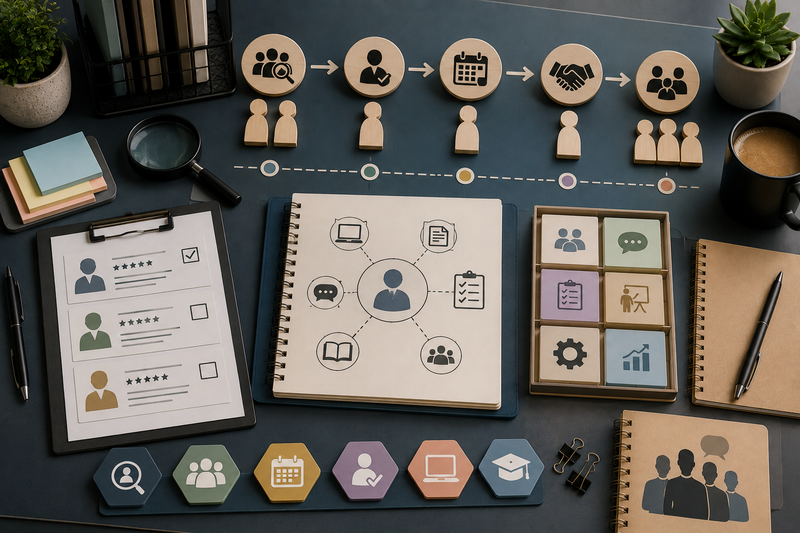 Modern flat-lay recruitment and onboarding workspace featuring hiring workflow icons, applicant review documents, onboarding process diagrams, scheduling symbols, training materials, and organized office tools representing recruitment coordination, onboarding support, and employee communication systems.